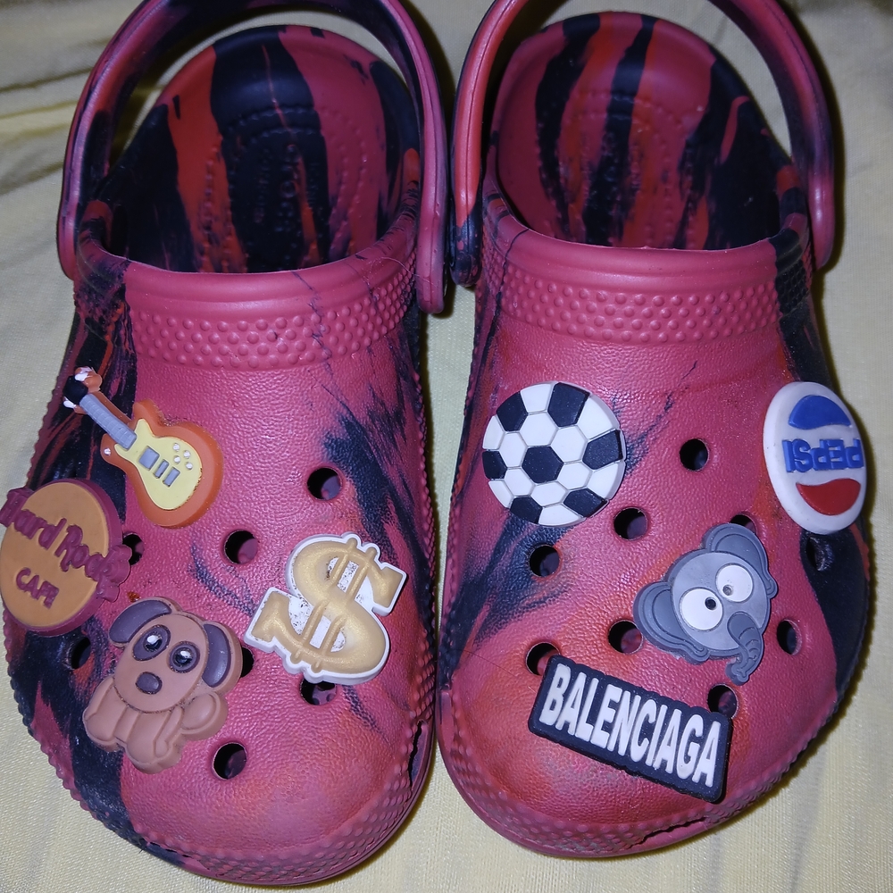 CROCS Kids Red and Black Tie-Dye Clog Shoes with Fun Charms